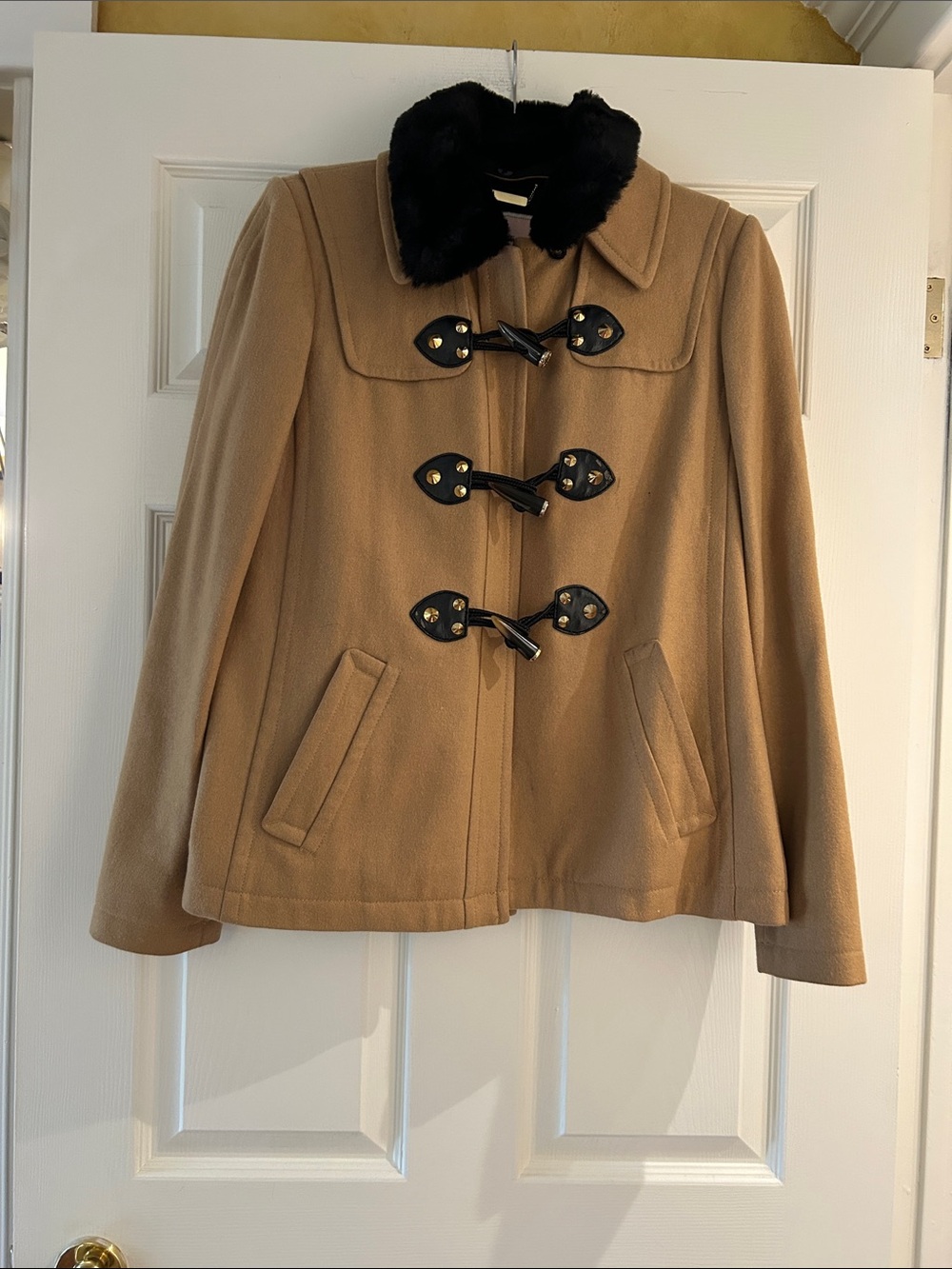 Juicy Couture Camel Toggle Pea Coat with Black Faux Fur Collar